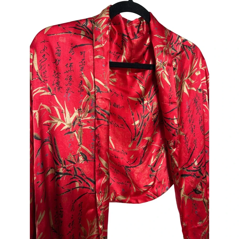 Bamboo Calligraphy Print‎ 100% Silk Fringe Wrap Scarf Red Gold Black 58